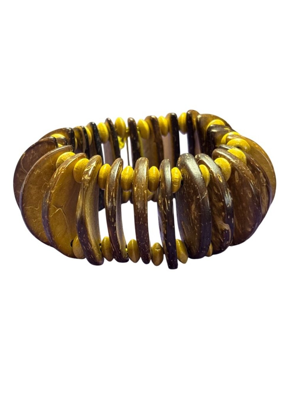Brown Coconut Shell and Yellow Wooden Beaded Stretchy Bracelet 7.25 inches